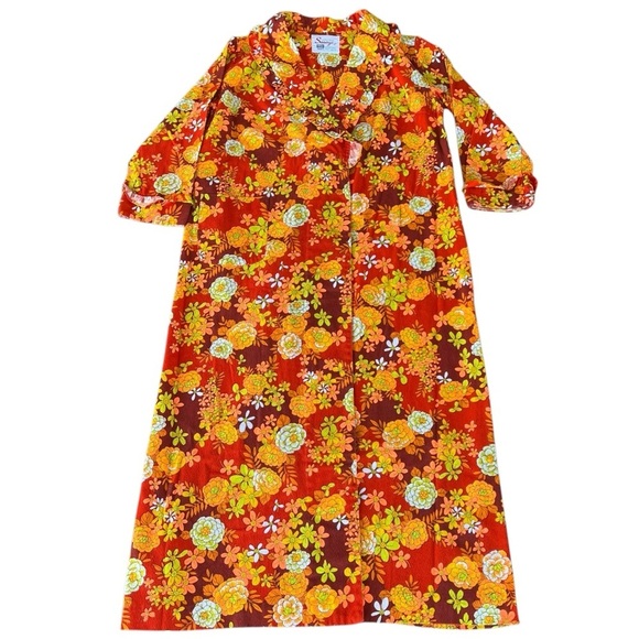 Vintage Hawaiian Barkcloth Floral Ruffle Robe Mod Dayglow Retro Neon Small READ - Picture 5 of 16